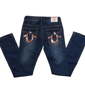True Religion Women’s “Julie” Dark Wash Gold Sequin Jeans Size 27